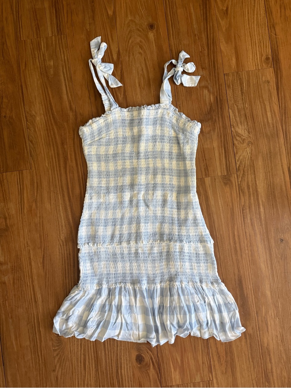 Sincerely Jules Light Blue and White Check Tie-Shoulder Sundress